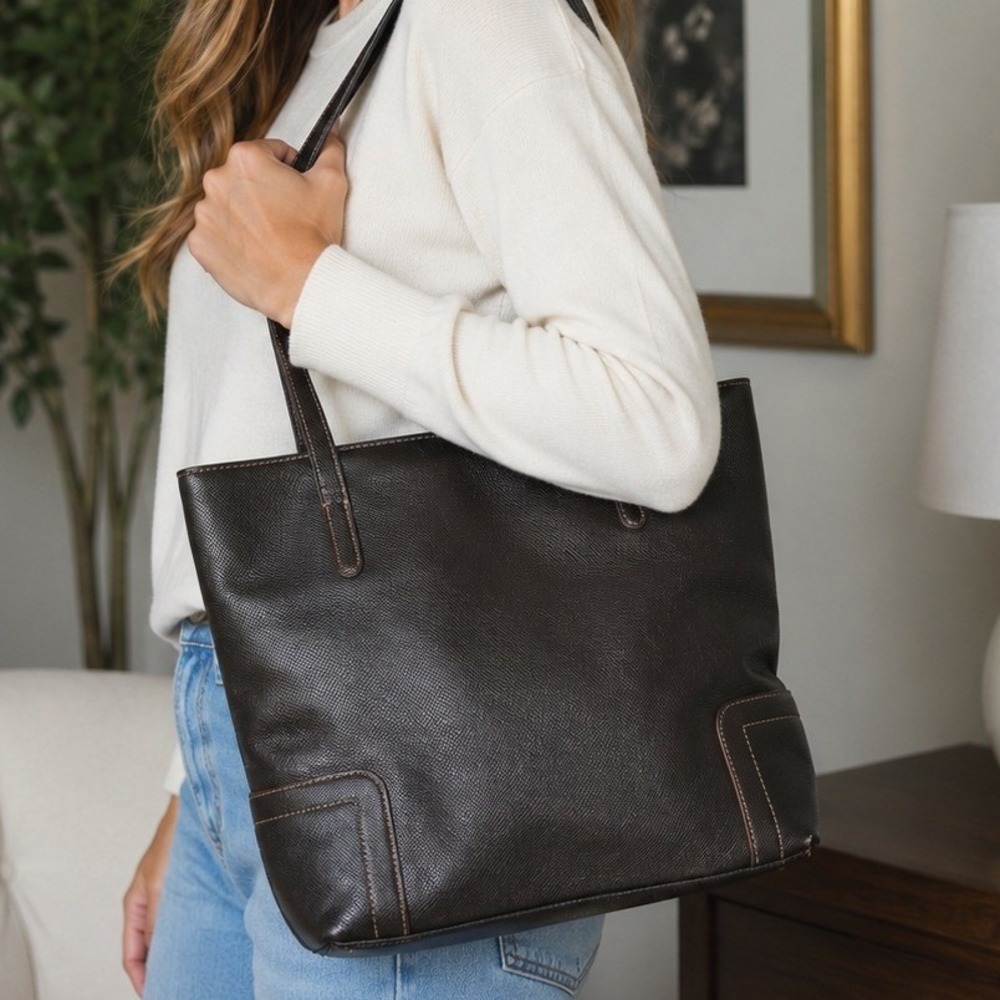 Chaps Black Faux Leather Tote Shoulder Bag Large Textured Purse Work Shopper